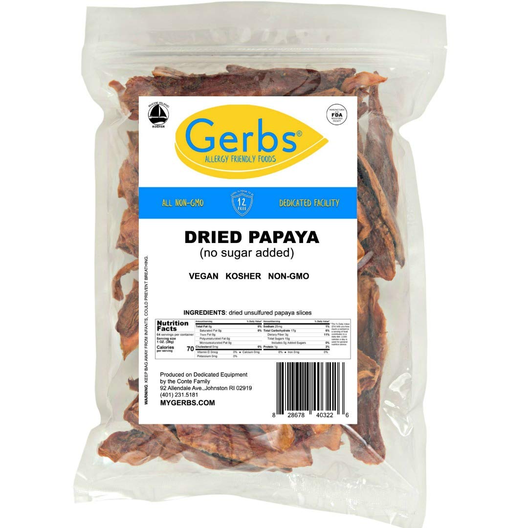 GERBS Unsweetened Dried Papaya Slices, 64 ounce Bag, Unsulfured, Preservative, Top 14 Food Allergy Free