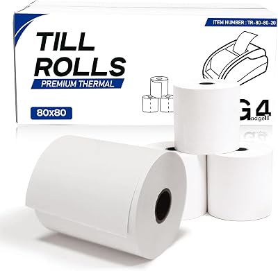 G4GADGET 20 Pack 80x80 Thermal Paper Till Rolls with Red Warning Strip