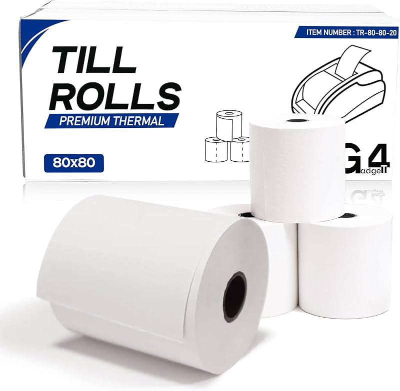 G4GADGET 20 Pack 80x80 Thermal Paper Till Rolls with Red Warning Strip