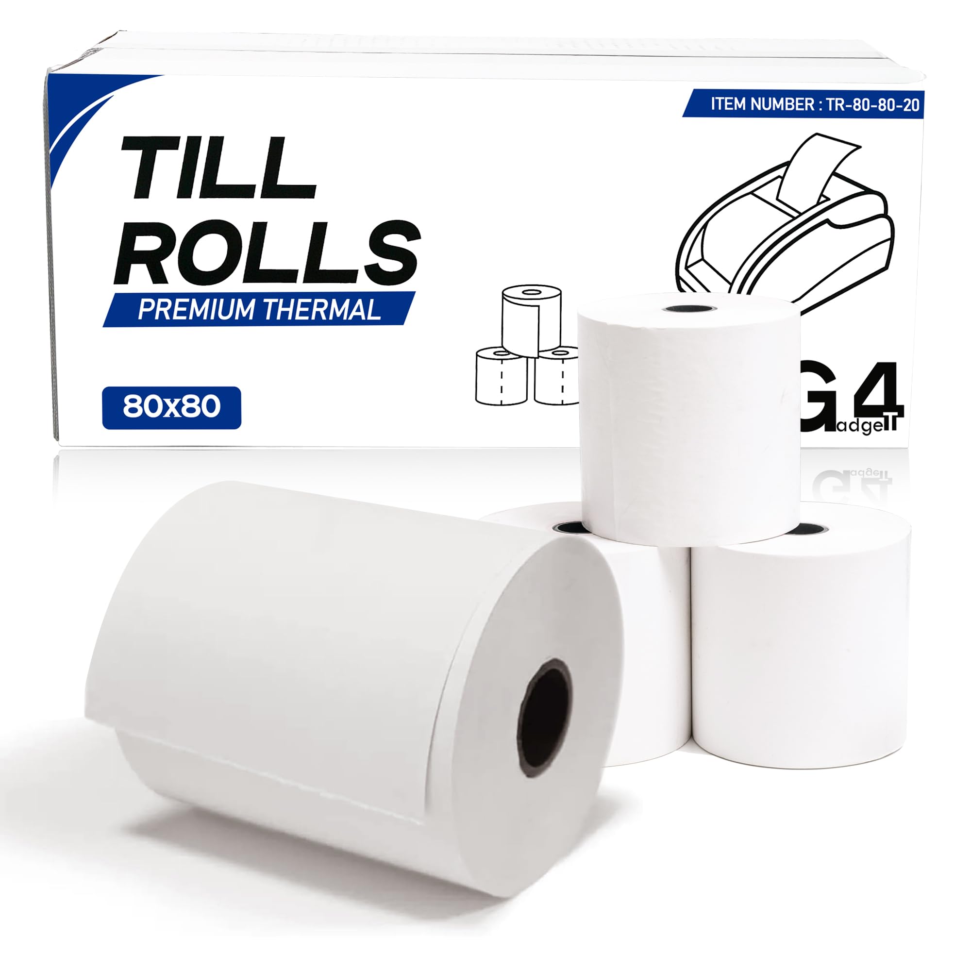 G4GADGET 20 Pack 80 X 80 Thermal Paper Till Rolls Receipt Roll for Cash Register, POS, Credit Card Machine with Red Warning Strip 80 * 80