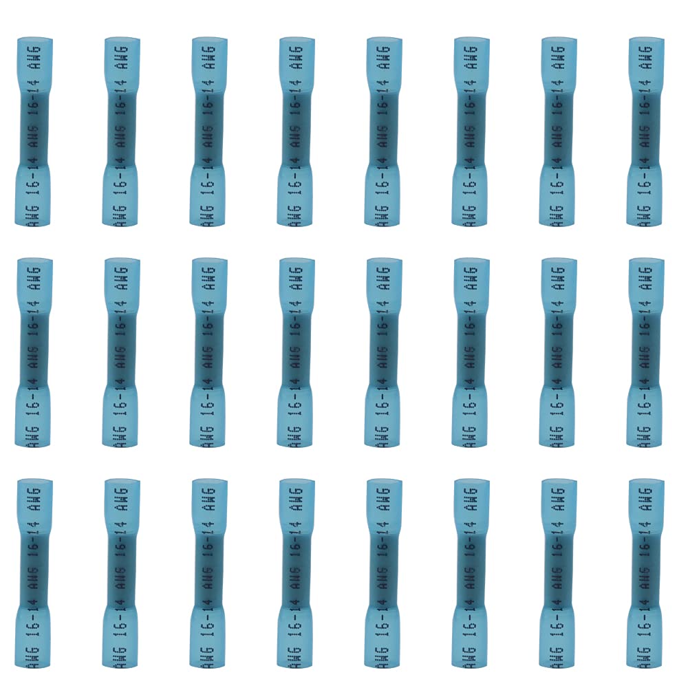 Ruidee 100 Pcs Heat Shrink Butt Connectors Terminals，Insulated Waterproof Wire Connector ，Marine Automotive Electrical Crimp Butt Splice Terminal 16-14 AWG Blue/URTL