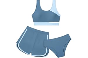 NECIOUS Girls Swimsuit Bikini Set, 3 Piece Girl Bathing Suits Color Block Cutout Swimwear with Shorts Size 7-16