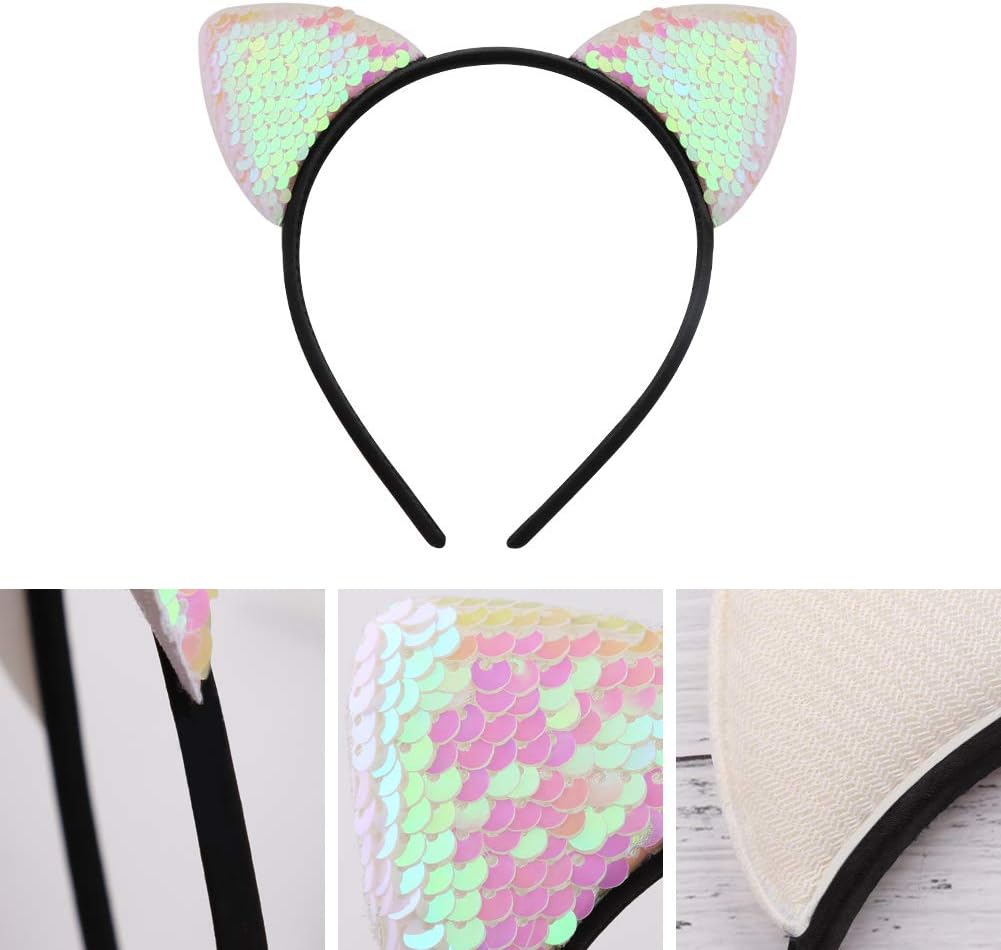 WXJ13 10 Pieces Cat Ears Headbands Reversible Sequins Headbands Have 2 Different Colors Hair Accessories for Girls and Women - Image 4