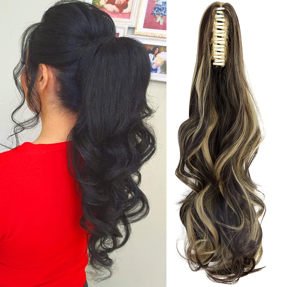 OMGREAT Clip In On Hair Extensions Claw Ponytail Extensions Hair Piece Curly for Women Synthetic Heat-Resisting 18 Inch Dark Brown Mix Ash Blonde