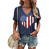 USA Flag V-Neck Shirt Women Star and Stripes Graphic Tops Red White and Blue Short Sleeve Tee Summer Patriotic T-Shirt
