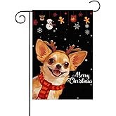 HILILIAN Merry Christmas Chihuahua Garden Flag 12x18 Vertical Double Sided Winter Dog Christmas antlers Red Striped Scarf Holiday Outside Decorations Burlap Yard Flag(7635)