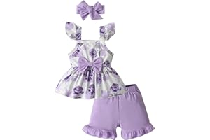 3PCS Infant Baby Girls Summer Clothes Toddler Pullover Floral Bow Sling Tops Solid Shorts Headband Outfit Set