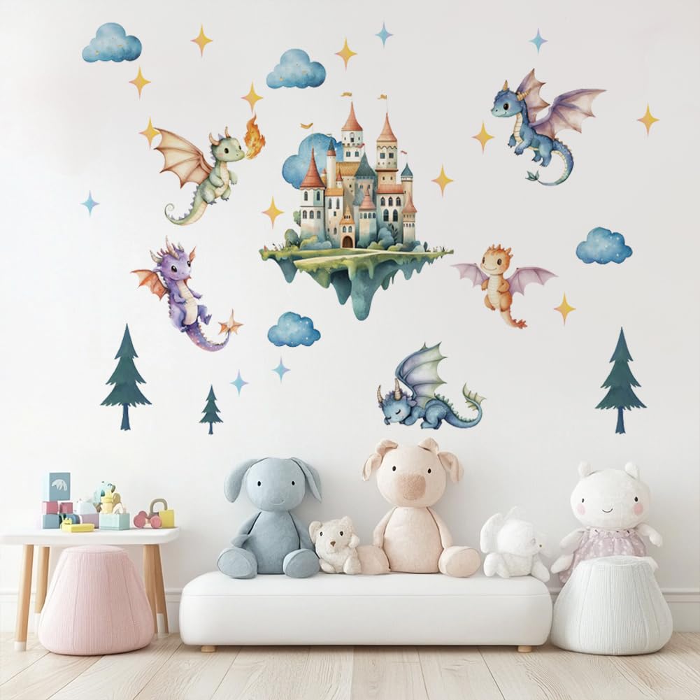 SUPERDANT Flying Dragon Wall Stickers Cartoon Castle Wall Decals Nursery Wall Stickers Dragon DIY Vinyl Murals Peel and Stick Wall Art Decor for Kids Room Playroom Living Room 3 Sheets/Set