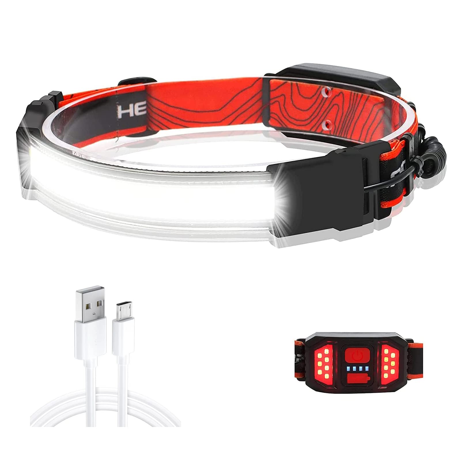 KUPRO Head Torch Rechargeable 210° Wide Beam 500 Lumens COB Super Bright Headlamps with LED Rear Red Light 3 Modes Lightweight Waterproof Headlight for Hiking Camping Running