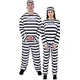 Party Expert Jailbird Costume for Adults, black & white stripped prisoner jumpsuit outfit for Halloween