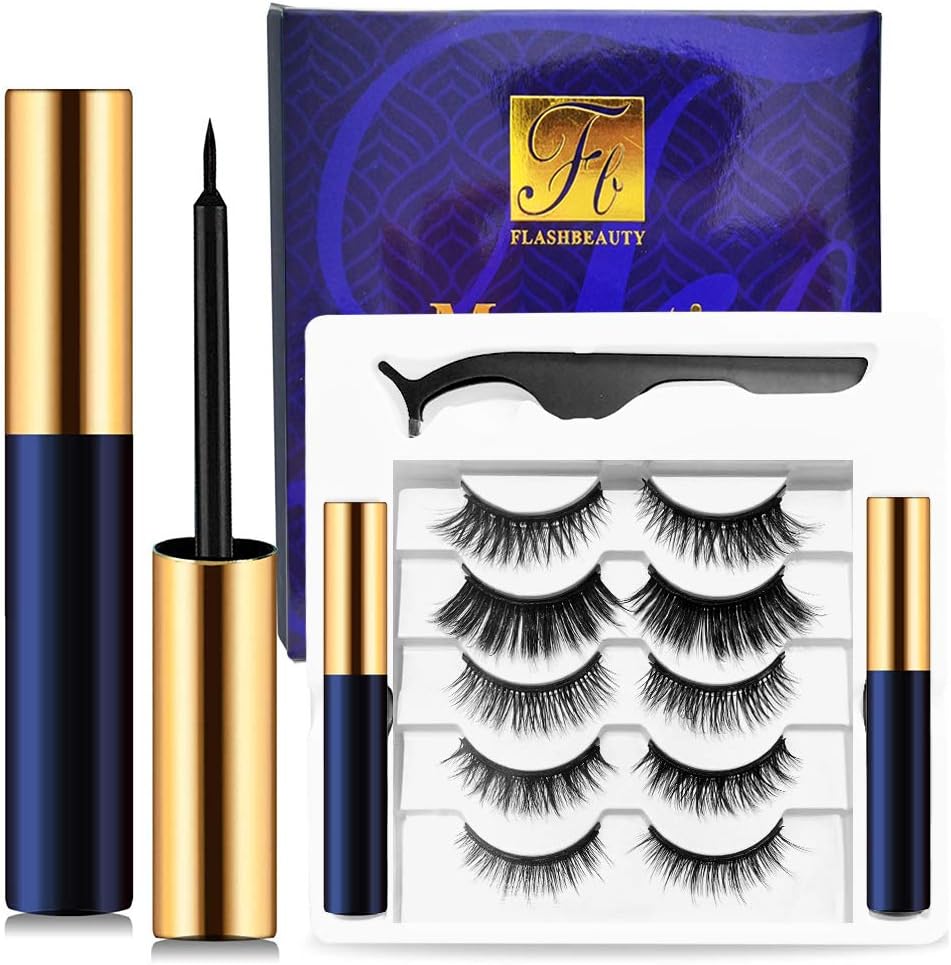 Magnetic Eyelashes with Eyeliner False Eyelash Black Liquid Eyeliner Fake Lashes 5 Styles of Fluffy Eye Lashes with Professional Tweezers, Reusable & Waterproof, Long Lasting & Natural Look