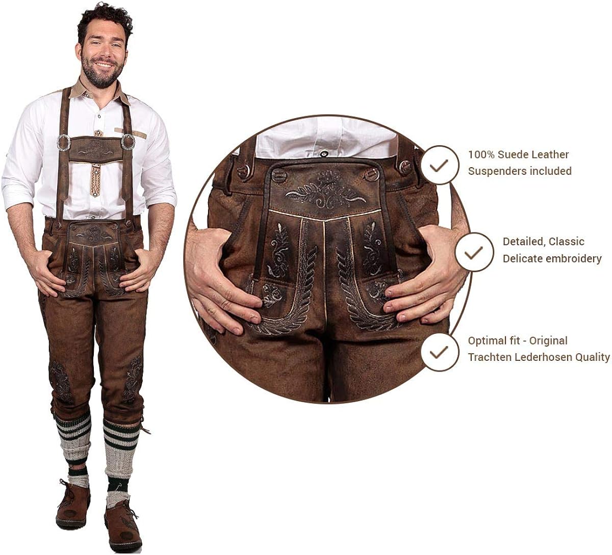 Knee Long Trachten Bundhosen Dark Brown, Authentic German Mens Lederhosen Long Oktoberfest Costume: Clothing