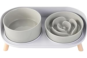 PTOBER Elevated Slow Feeder Dog Bowls - Ceramic Food and Water Bowl Set with Stand - Raised Pet Dishes for Small and Medium Sized Dogs