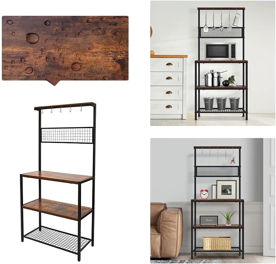 AZ L1 Life Concept Bakers Industrial Kitchen Rack Cupboard with 10 Hooks, Mesh Panel, 3 Shelves, and Adjustable Feet, for Microwave Oven Cooking Utensils, 33.1inches, Rustic Brown/33: Furniture & Decor