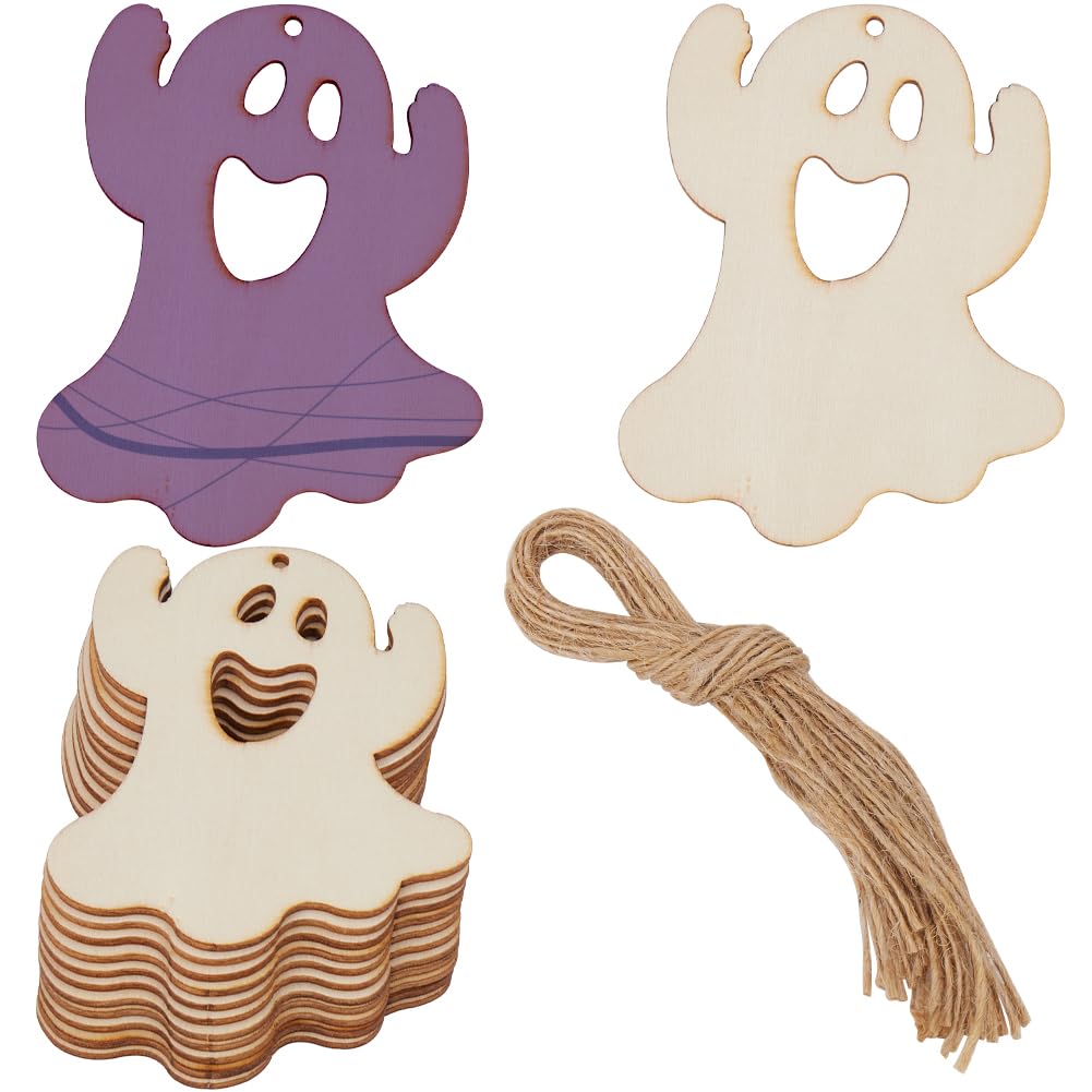 GORGECRAFT 20Pcs Ghost Wooden Blank Unfinished Halloween Wood Tags Crafts Art Ornaments Embellishments Hollow Ghosts Slices with Twines for Crafting Halloween Holiday Party Supplies Favors DIY Decor