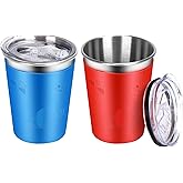 ShineMe Stainless Steel Cups for Kids, 2 pack Kids Cups with Lids and Cute Space Character Sleeves, 12oz No Spill Cups for Toddlers Reusable & Unbreakable