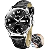 Taxau Men's Watch Big Face Easy Read Arabic Numeral Dress Watches for Men Classic Black Brown Leather Band Analog Mens Wrist Watch with Day and Date Fashion Business Waterproof Luminous Quartz Watch