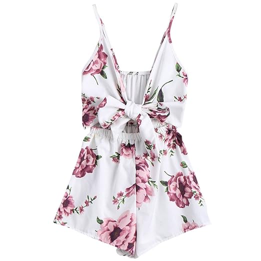 Women Rompers, Sexy Backless Lace Floral Print Jumpsuits Shorts Casual Beach Party Playsuits for Teen Girls