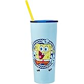 Silver Buffalo SpongeBob Happy Floral Double Walled Stainless Steel Tumbler with Straw, 22 Ounces