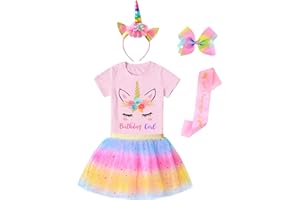 Doctor Unicorn Girls Birthday Outfit Set Pink Yellow Blue Skirt, Unicorn Shirt, Headband, Hair Bow & Birthday Sash