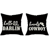 Fjfz Hello Darlin' Western Black Decorative Throw Pillow Covers 18 x 18 Set of 2, Howdy Cowboy Boot Hat Porch Outdoor Home Decor, Farmhouse Rustic Sofa Couch Cushion Case Housewarming Gift