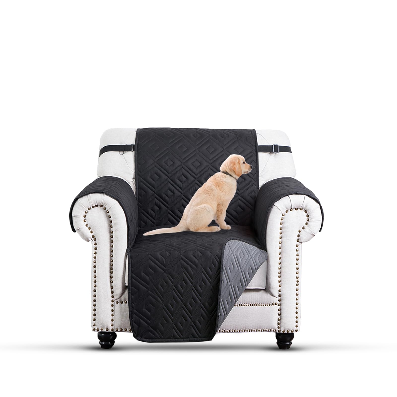 Moonlight Bedding Reversible Chair Covers Water Resistant Sofa Cover for Living Room 1 Seater Sofa Slipcover Thick Quilted Sofa Protectors from Pets KIds with Elastic Strap (Chair, Black/Dark Grey)