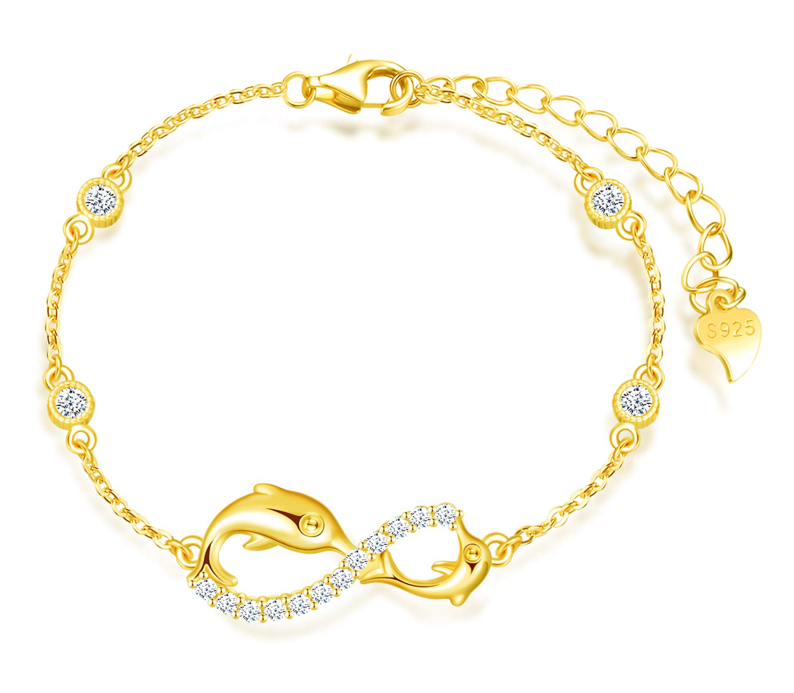 MicLee Woman's Girl's Sterling Silver Bracelet, Cute Dolphin & Infinity Symbol, Inlaid Zircon, Adjustable Chain, Unique Animal Design