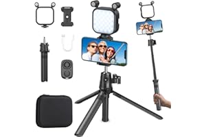 PICKPIC Vlogging Kit for iPhone, 8-15" Foldable Tripod, 2000mAh LED Light with 2 Microphone, Remote, Phone Mount, YouTube Starter Kit, Content Creator, Tiktok, Vlog, Video Making Kit