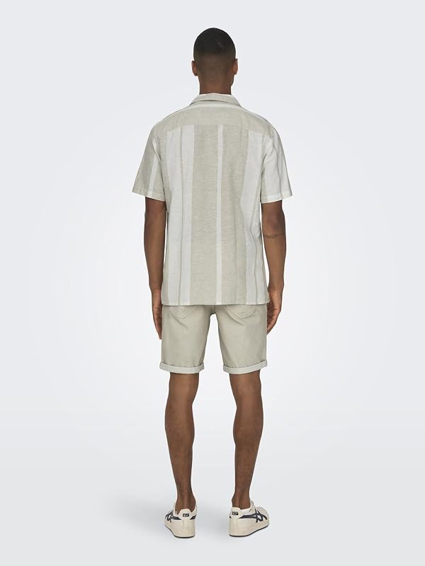 Camisa Hombre Manga Corta Cuello Resort Botones Lino Top Verano, Color:Caqui, Talla:M