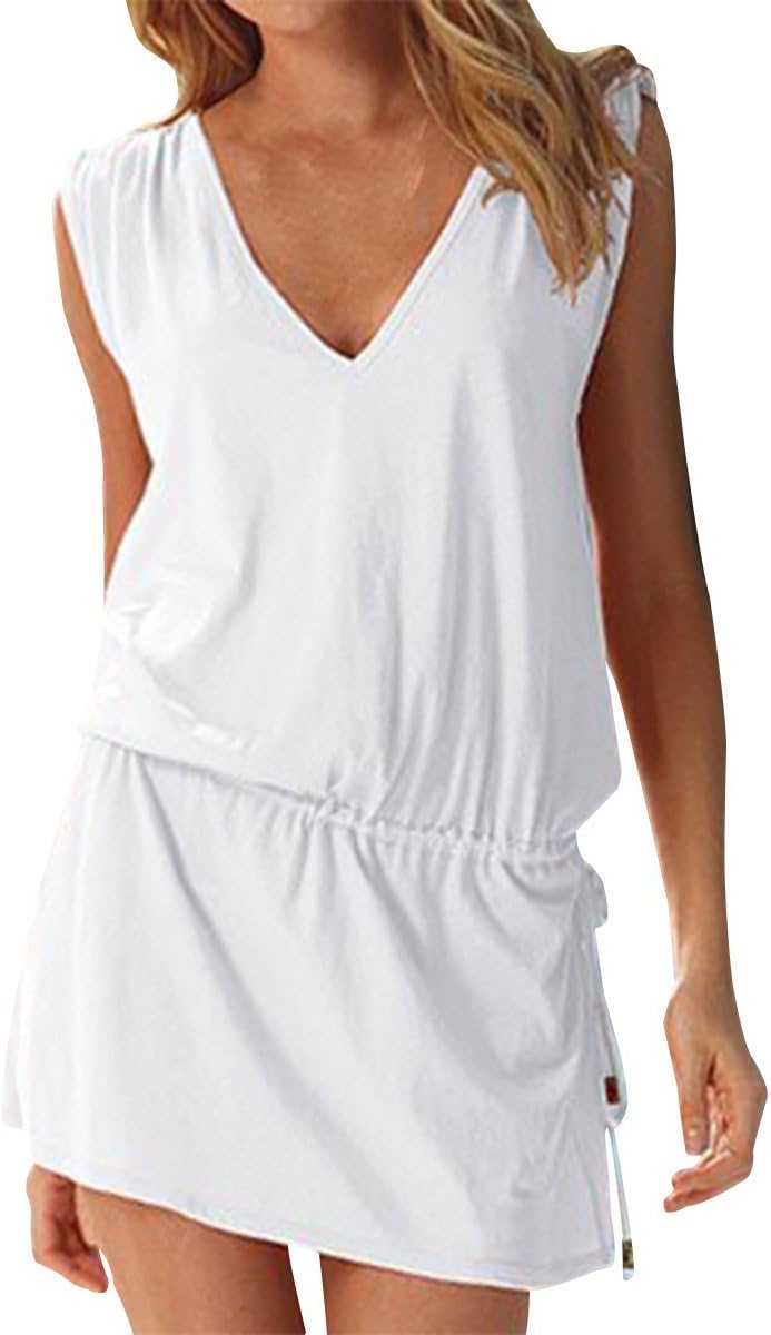 Summer Womens Casual Sleeveless Beach Dress Ladies Sexy V Neck Halter Backless Mini Kimono Dresses Beach Bikini Cover Up Caftan Tunic Top Drawstring Sundress for Party Cocktail Holiday Going Out Wear