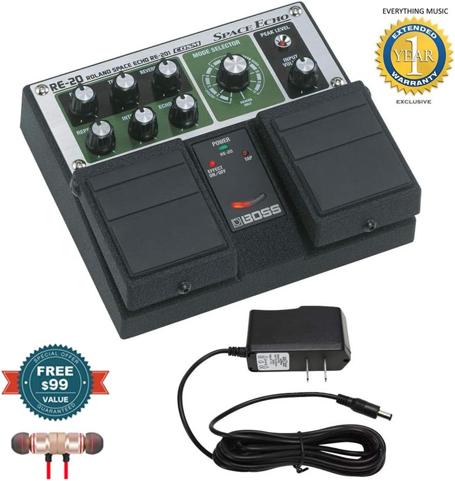 Boss RE-20 Space Echo Pedal & PigHog PP9V Pig Power 9V DC 1000ma Power Supply includes Free Wireless Earbuds - Stereo Bluetooth In-ear and 1 Year Everything Music Extended Warranty