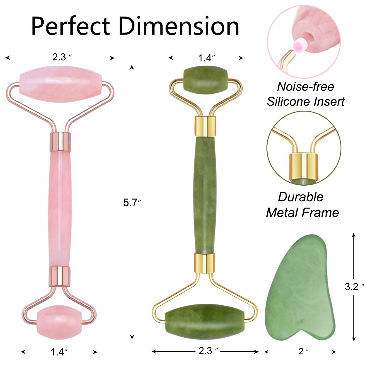 Jade Roller for Face & Natural Rose Quartz Roller & Gua Sha Scraping Tool, 3 in 1 Anti-Aging Jade Face Roller Massager for Cheeks Slimmer, Skin Tightening, Rejuvenate Skin