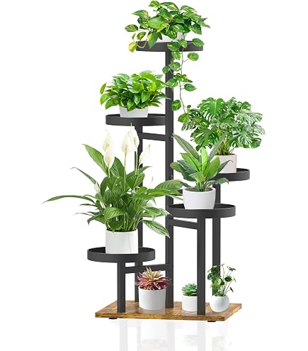 Support Plantes AZERPIAN 4 Niveaux Métal - Étagère D'Angle Pour 5 Pots - Noir/Blanc - 80cm Hauteur