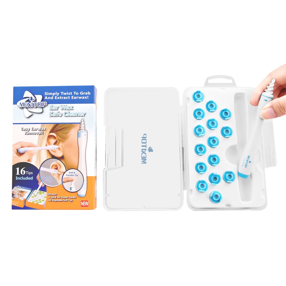 Ear Wax Cleaner - MEXITOP 16 New-Designed Replacement Tips, Ear Pick Spiral Improves the Effect of Ear Wax Removal Drop + Bonus Noise Canceling Ear Plugs, Blue (Upgraded Version)