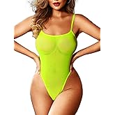 Kaei&Shi Mesh Bodysuit For Women,Spaghetti Strap Backless High Cut Sexy Body Suit,One Piece Sheer Top Rave Outfits Club Date