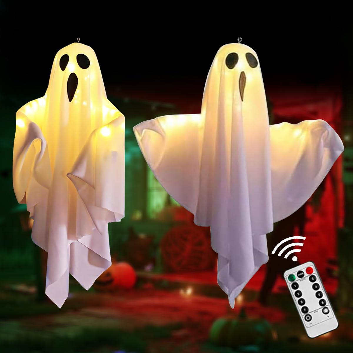 Photo 1 of 2 Pcs Glowing Hanging Ghosts Halloween Decor Indoor/Outdoor - Light Up Floating Ghosts with Remote Control, Spooky Halloween Porch Decorations,Chandelier for Haunted House Party Decor