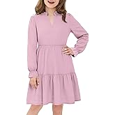 JiAmy Girls Dresses Long Sleeve V Neck Fall Ruffle Tiered Flowy Swing Casual Fashion Dress with Pockets