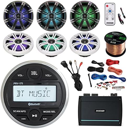 JBL Marine Digital Media Receiver with Built-In Bluetooth, 6x Kicker 6.5" LED Boat Speakers, Controller, 400-Watt 4-Channel Amplifier, PYLE Amp Install Kit, Enrock USB AUX Interface, 50 Foot 16-G Wire