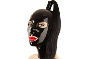 Black Latex Head Cover with a Black wig,Latex Face Hood Latex HeadMask Latex Mask for Cosplay Party Club Wear