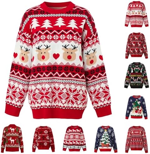Angxiwan Christmas Jumpers for Women UK Christmas Jumpers for Women Retro Xmas Print Knitted Sweater Plus Size Long Sleeve Pullover Tops Warm Crewneck Winter Sweatshirt White Jumper