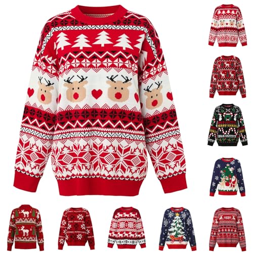 Angxiwan Christmas Jumpers for Women UK Christmas Jumpers for Women Retro Xmas Print Knitted Sweater Plus Size Long Sleeve Pullover Tops Warm Crewneck Winter Sweatshirt White Jumper