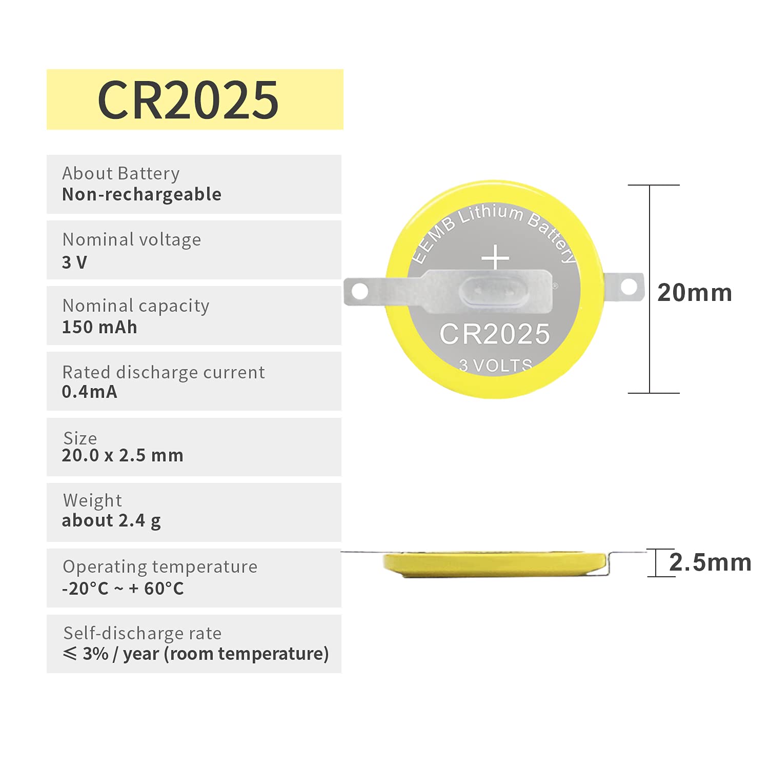 EEMB Tabbed CR2025 3V Lithium Battery with Solder Tabs 10-Pack CR 2025 Coin Cell Batteries -Replacement for Gameboy Advance(GBA)/ Gameboy Color(GBC) Cartridge Save Battery