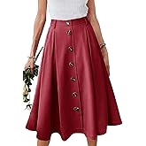 HERBATOMIA Pleated A-line Midi Skirt Elastic Waist Button Front Casual Flared Long Skirts with Pocket for Women