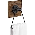 MyGift Industrial Matte Black Metal Hand Towel Ring with Rustic Solid Burnt Wood Wall Backing, Towel Holder for Bathroom, Kitchen, Laundry Room 5.5 x 8.7 inch