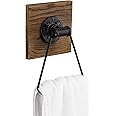 MyGift Industrial Matte Black Metal Hand Towel Ring with Rustic Solid Burnt Wood Wall Backing, Towel Holder for Bathroom, Kit