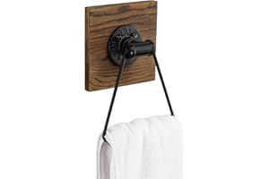MyGift Bathroom Hand Towel Holder, Towel Rack Ring 5.5x8.7 inch for Kitchen, Laundry Room, Matte Black Industrial Metal with Rustic Solid Burnt Wood