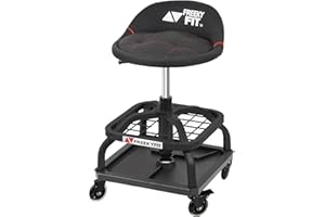 FreekyFit Rolling Shop Stool with Wheels, Garage Work Mechanic Stool with Backrest, Roller Mechanic Chair, Adjustable Height, 360° Swivel, Tool Tray Storage, 330 LBS Capacity, Heavy Duty, Black