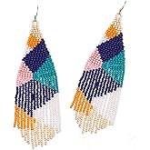 Long Beaded Tassel Earrings – Classic Plaid Fringe Drop Earrings, Seed Bead Tribal Dangle Earrings, pendientes de borla, idea for women sister wedding party