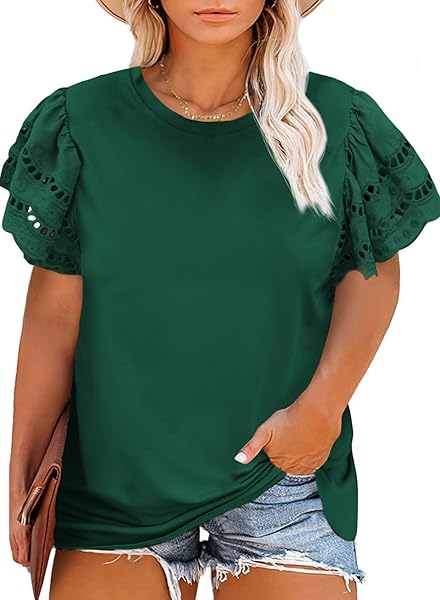 EYTINO WOMENS PLUS SIZE CASUAL SUMMER ROUND NECK HOLLOW OUT RUFFLE SHORT SLEEVE T SHIRTS TOPS,2X GREEN 109