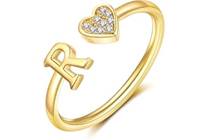 WFYOU Heart Initial Ring for Women Teen Girls Silver Rose Gold Plated Heart Capital Letter Initial Rings Stackable Rings for Women Girls Adjustable Heart Alphabet Letter Rings Jewelry Gifts for Women